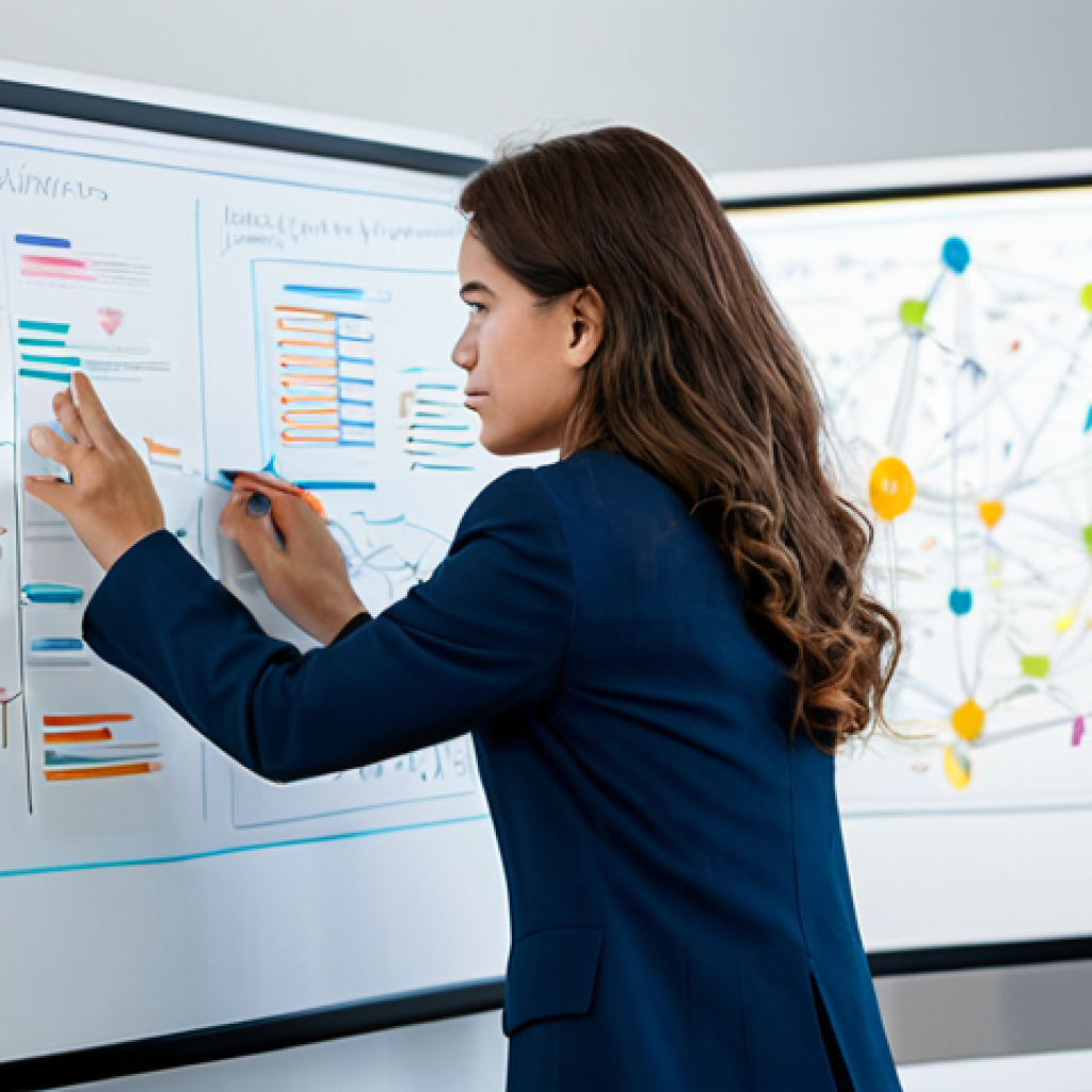 A professional individual in modest business casual attire, deeply focused, standing in a well-lit modern workspace. They are interacting with a large digital whiteboard displaying an intricate, colorful mind map, where lines and nodes visually represent interconnected ideas and concepts. The background is a clean, contemporary office setting, subtly blurred. The image conveys intellectual growth, creative problem-solving, and the architecture of knowledge. The subject has perfect anatomy, correct proportions, well-formed hands, proper finger count, and natural body proportions, in a natural pose. Fully clothed, appropriate attire, professional dress, safe for work, appropriate content, high quality, professional photograph.