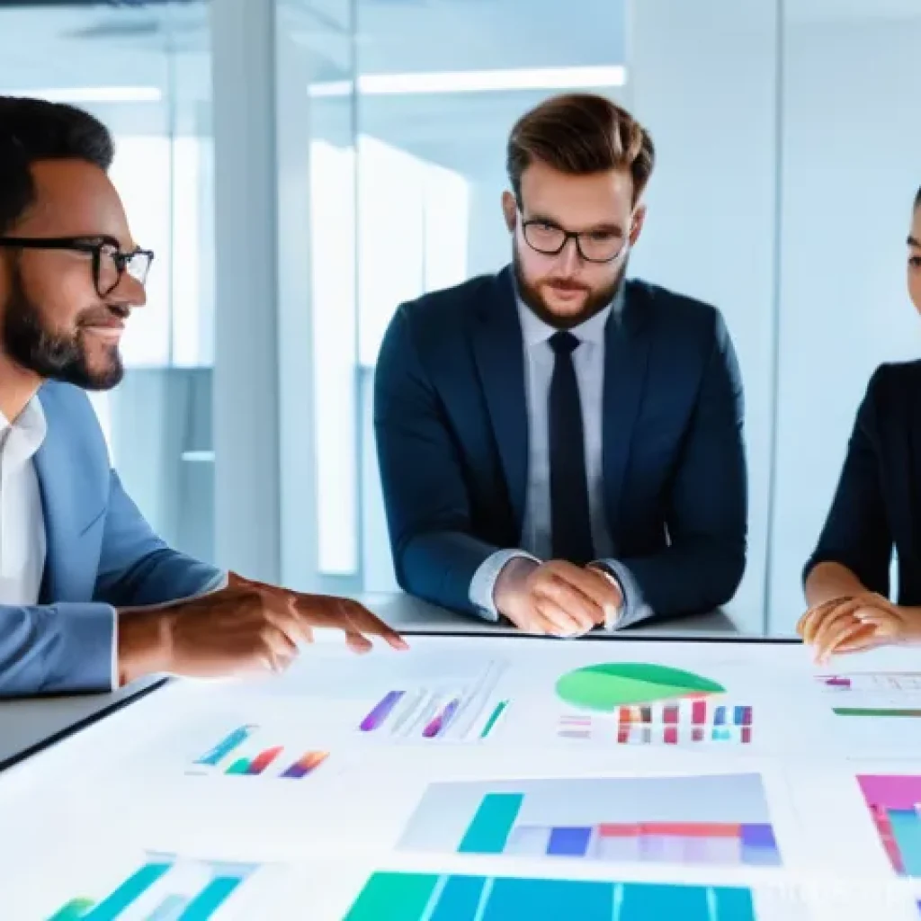 효과적인 협업을 위한 지식 구조화 - **Prompt:** "A diverse group of five professionals (two women, three men, of various ethnicities, al...