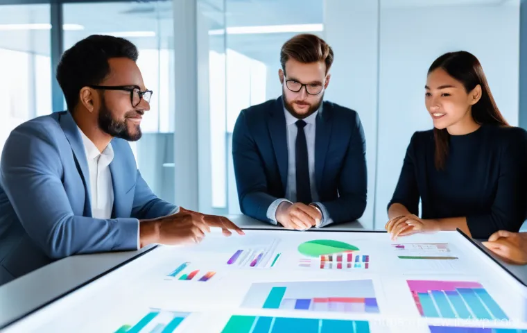 효과적인 협업을 위한 지식 구조화 - **Prompt:** "A diverse group of five professionals (two women, three men, of various ethnicities, al...