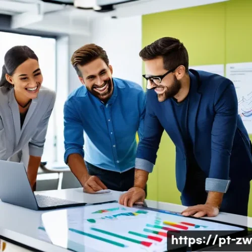 Home 32 지식 관리 시스템 도입 시 유의사항 - A modern corporate office scene featuring a diverse team of professionals collaborating around a lar...