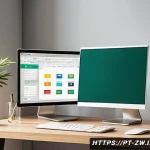 Home 19 지식 구조화 시스템 구축 시 피해야 할 실수 - A modern home office workspace with a sleek desk featuring a large computer monitor displaying a wel...