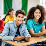 Home 23 지식 구조화 시스템을 위한 교육 프로그램 개발 - A modern classroom scene in Brazil with diverse teenage students actively engaged in a digital learn...