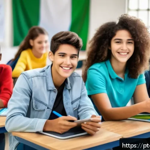 Home 17 지식 구조화 시스템을 위한 교육 프로그램 개발 - A modern classroom scene in Brazil with diverse teenage students actively engaged in a digital learn...