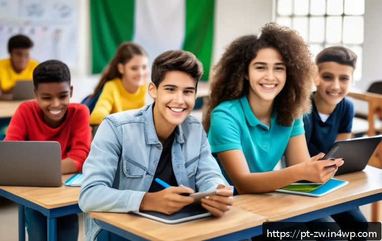 지식 구조화 시스템을 위한 교육 프로그램 개발 - A modern classroom scene in Brazil with diverse teenage students actively engaged in a digital learn...